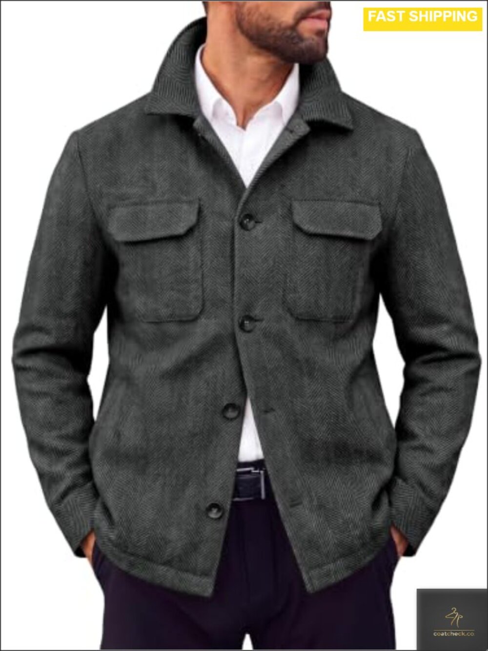 Men's Herringbone Tweed Button Down Shacket Shirt Jacket Warm Coat